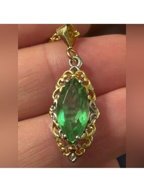 💚 NEW Chartreuse Quartz Doublet Marquis Pendant • Ornate 2-Tone • Luminous Green